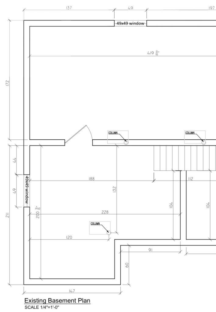 Architectural drawing of an existing unfinished basement floor plan with wall dimensions, two 49x49 windows, stairs, and three support columns